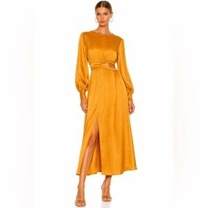Like New The Drop Mustard Satin Cutout Midi Dress Long Sleeve Slit Size Small